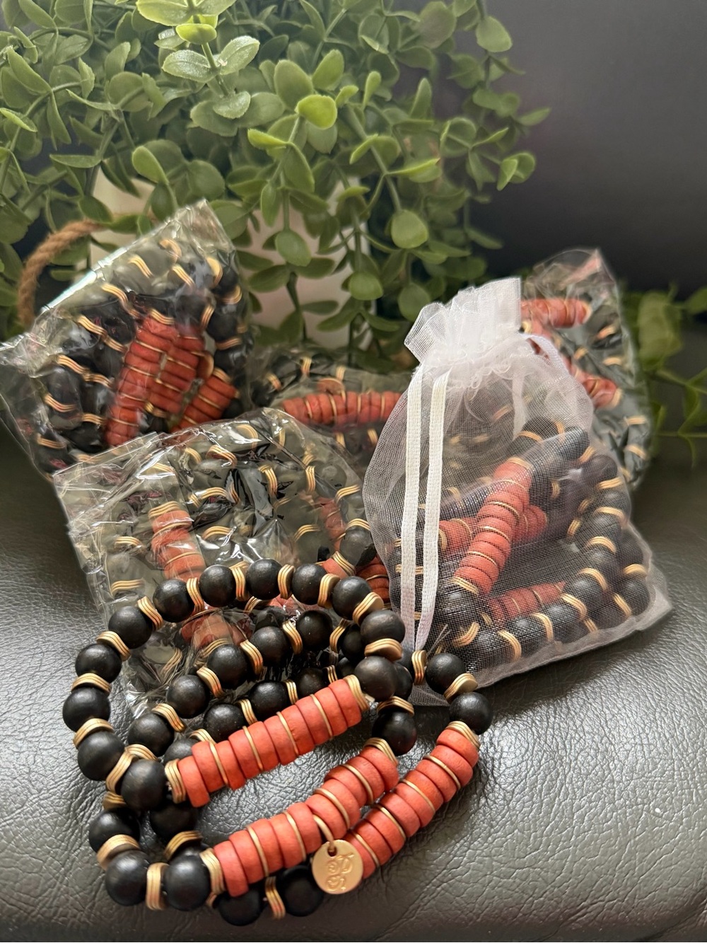 6 Plunder Black and Terracotta Beaded Stretch Bracelet Set of 3 in Each Package